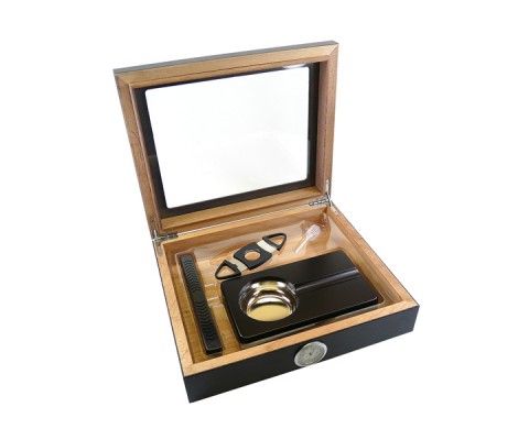 Humidor-Set Panorama, schwarz mit Glasdeckel